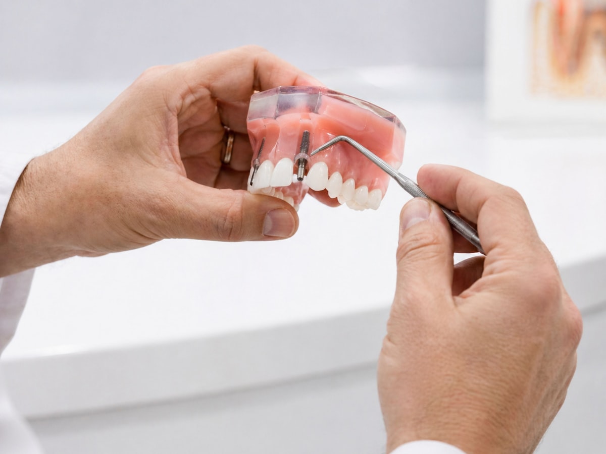Dentist demonstrating a dental implant on a model